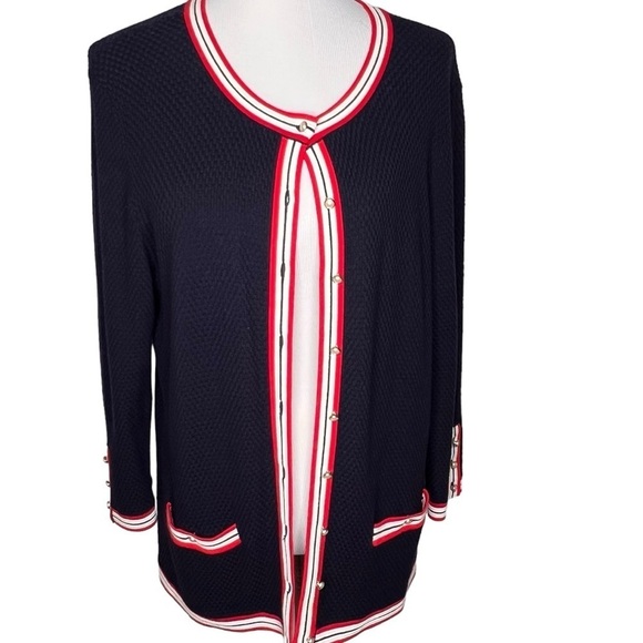 Talbots Navy Blue Red White Nautical Knit Pearl Button Cardigan Pockets Size L - Picture 2 of 12